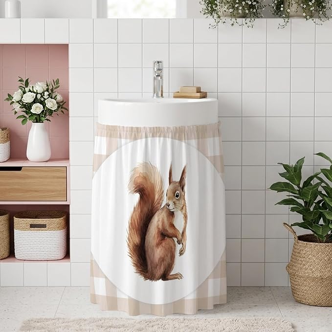 Squirrel Plaid Oven Skirt Curtain for Kitchen Decor 28"x35", Modern Farmhouse Checkered Rustic Animal Self Adhesive Stove Curtains Skirt Cabinet Curtains for Bathroom Laundry Room