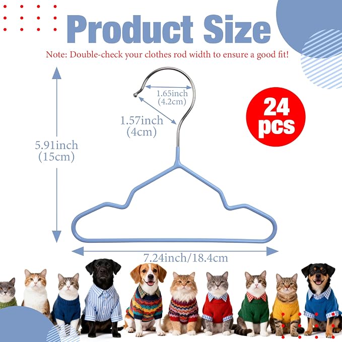 24 Pcs Dog Clothes Hangers 7.24 Inch Blue Metal Pet Clothes Hangers, Cat Clothing Hangers, Pet Clothing Holders Coat Hangers for Small Pet Such as Dog & Cat Costumes