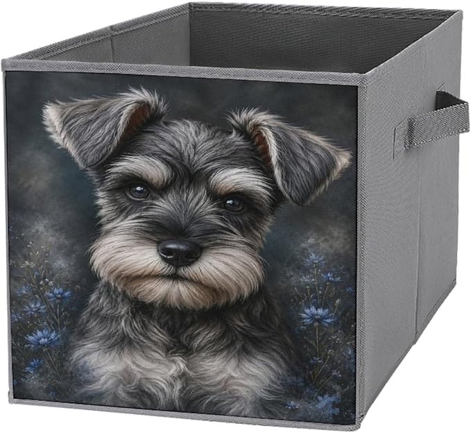 Schnauzer Dog Portrait With Blue Flowers Storage Bin with Handles, Oxford Fabric Foldable Storage Cube Organizer for Clothes, Towels, Bedroom, Living Room, Home Organization