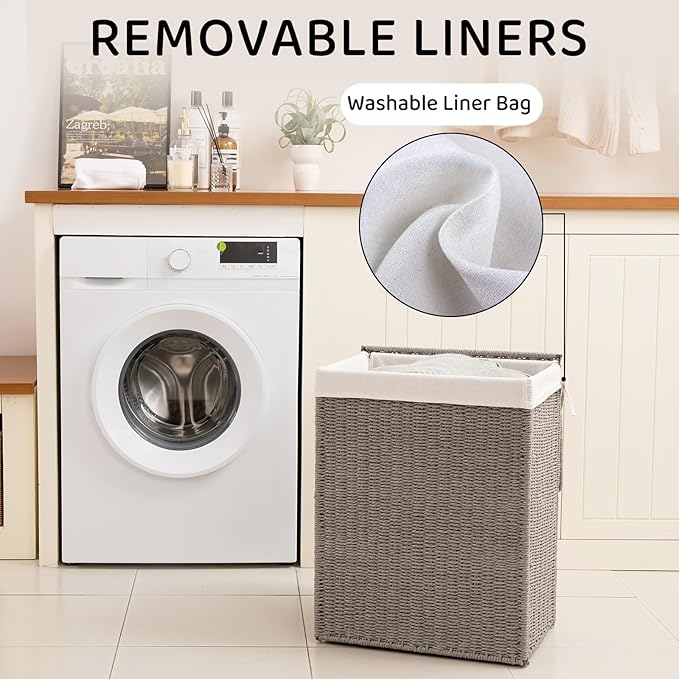 OIAHOMY Laundry Hamper with Lid, 90L(23.8 Gal) Large Wicker Laundry Basket for Bedroom, Handwoven Paper Rope Clothes Hamper with Washable Liner & Metal Frame, Decorative Organizer for Bathroom Grey