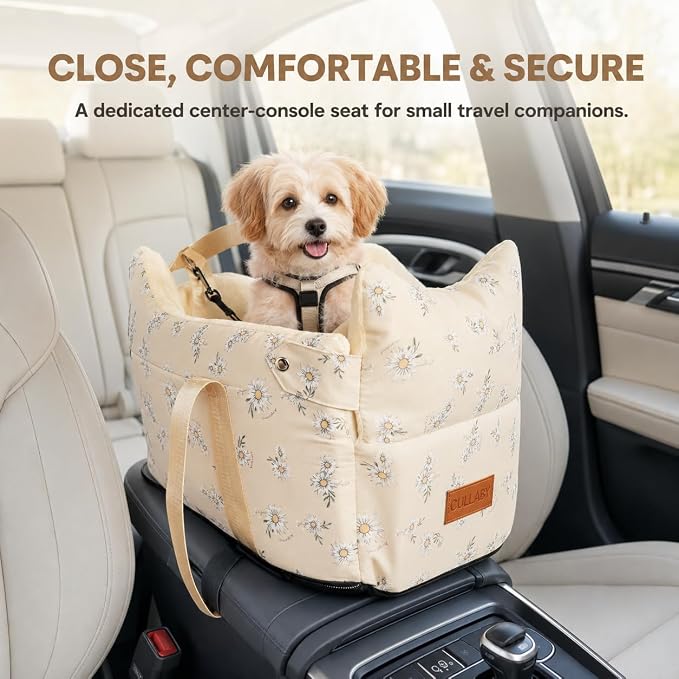 Center Console Small Dog Car Seat Yellow | Portable Puppy Booster Armrest Carseat Comfort Car Travel with Washable Fluffy Cushion and Pillow