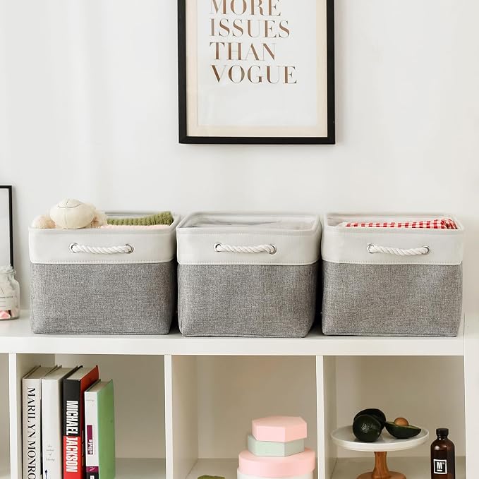 Storage Baskets for Organizing, X Large - 3 Pack 17.7L×13.8W×9.8H in Foldable Storage Bins for Shelves, Fabric Storage Box for Closet Nursery Toy Gift (White & Grey)