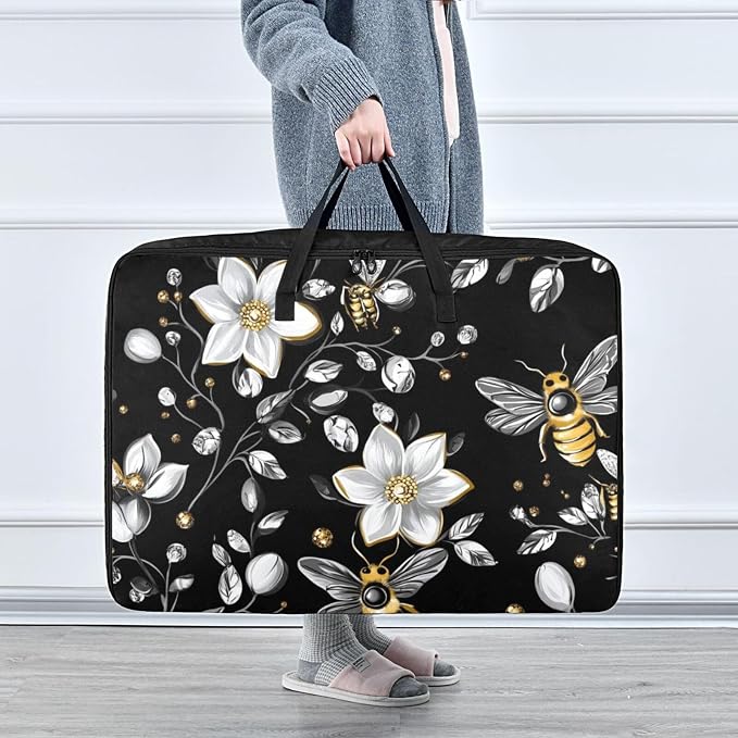 Comforter Storage Bags Large Folding Blanket Organizer Bag with Strong Handles Clear Window Closet Storage Containers for Clothes King Queen Pillows Bedding Quilt Duvet Diamonds Bees Flower