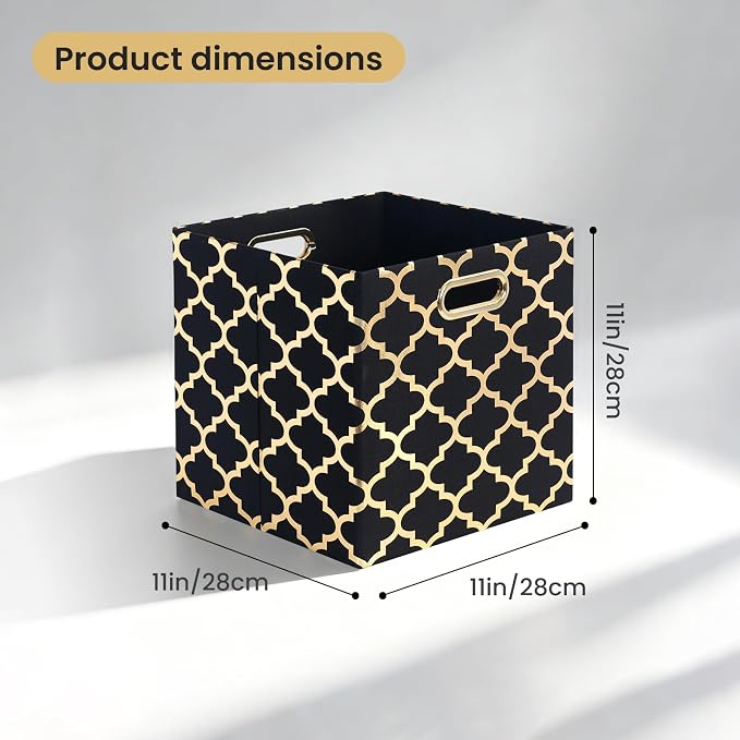 Posprica 11x11x11 Storage Cube Bins, Collapsible Storage Bins Fabric Storage Cubes Organizer Baskets Box Drawers for Shelves, Closet, Wardrobe, Bookshelf, Cabinet (Set of 4, Black/Gold lantern)