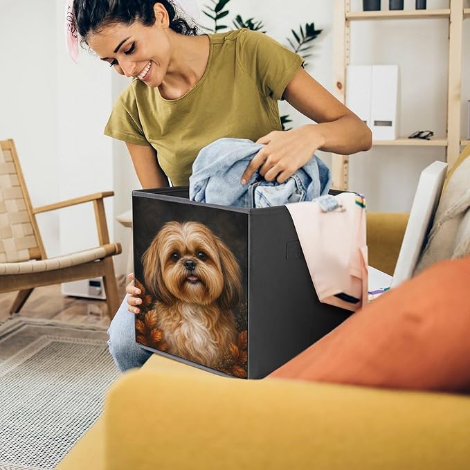 Shih Tzu Dog Portrait Autumn Leaves Storage Bin with Handles, Oxford Fabric Foldable Storage Cube Organizer for Clothes, Towels, Bedroom, Living Room, Home Organization