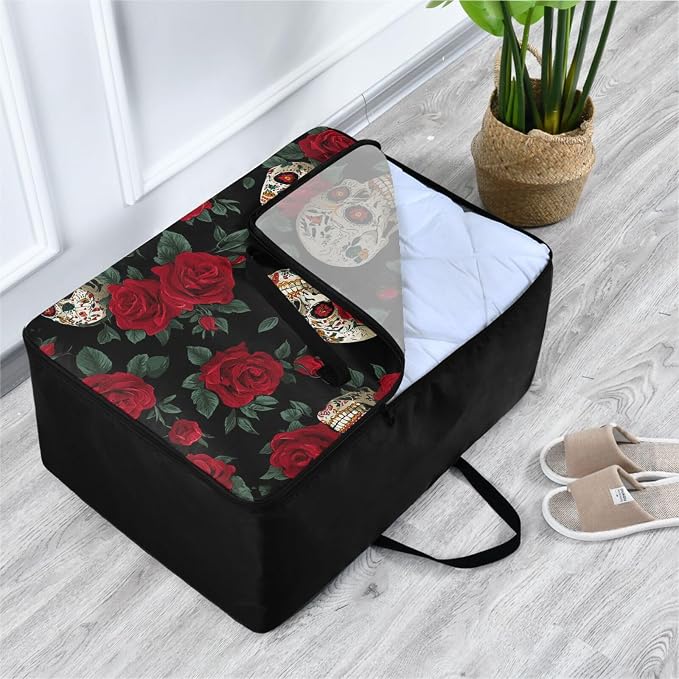 Comforter Storage Bags Large Folding Blanket Organizer Bag with Strong Handles Clear Window Closet Storage Containers for Clothes King Queen Pillows Bedding Quilt Duvet Black Skulls Roses Elega