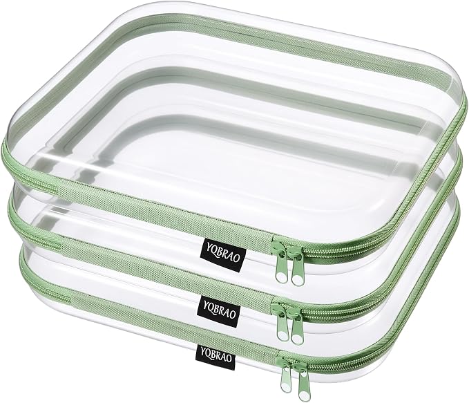 YQBRAO Clear Hard Shell Zipper Cases, 3 Large Travel Organizers, Green | Rigid 1.2 mm PET and YKK dual zippers for full-size toiletries, makeup palettes, electronics and craft supplies