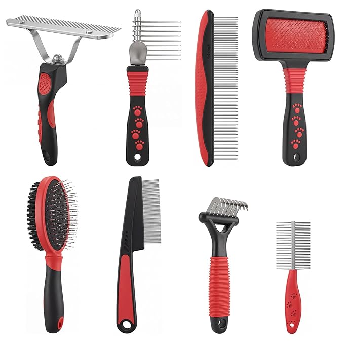 Zhehao 8 Pcs Pet Grooming Kit - Dematting Combs, Slicker Brush, Steel Comb Deshedding Brush, Flea Comb, Undercoat Rake for Detangling Long Matted Fur Hair from Dogs, Cats, Poodles, Anti-slip Handle