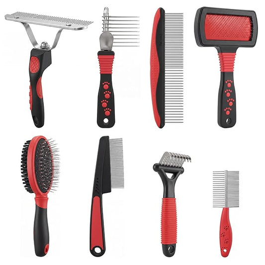 Zhehao 8 Pcs Pet Grooming Kit - Dematting Combs, Slicker Brush, Steel Comb Deshedding Brush, Flea Comb, Undercoat Rake for Detangling Long Matted Fur Hair from Dogs, Cats, Poodles, Anti-slip Handle