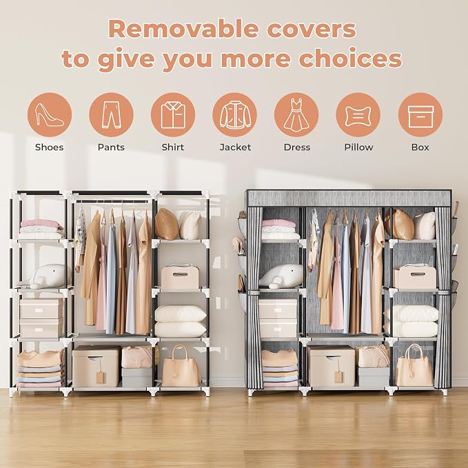 VTRIN Portable Closet Wardrobe for Hanging Clothes 57.3 Inch Large Capacity Clothes Rack with Cover, 10 Storage Organizer Shelves, 1 Hanging Rods and 6 Pockets, Free Standing Closet, Printing