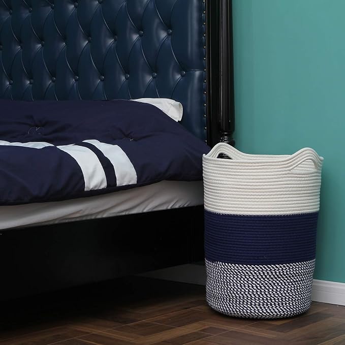 Sea Team Large Woven Cotton Rope Laundry Basket with Handles, 20 x 14 in | Collapsible Knitted Hamper, Closet Shelf Organizers, Containers for Clothing, Blankets, Toys, Bedding, Mottled Navy