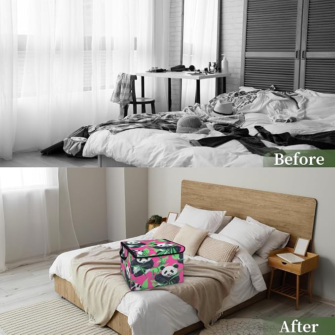 Panda Storage Bins with Lids, Bamboo Foldable Storage Boxes with Carrying Handle Organizer Containers Baskets Cube for Home Bedroom Closet