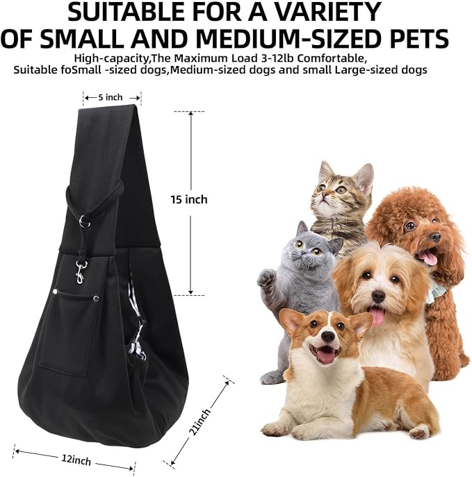 ARZQUT Dog and Cats Carrier Sling, Small Pet Carrier with Storage Pocket | Reversible Puppy Sling Carrier, Safety Buckle, Storage bag, Machine Washable for Travel, Outdoor Activitie, Hand-Free, Black