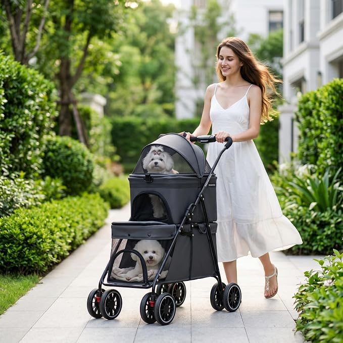 YYW Double Pet Stroller Foldable 2 Carriages Lockable Wheels Black | Travel Strolling Cart, Top Detachable Carrier, Ideal for Multi-Pet Families, Small Dogs & Cats, Outdoor Walks & Vet Visit