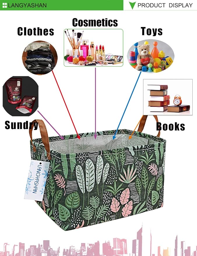Rectangular Collapsible Full Leaf Storage Basket Nursery Organizer | Storage Bin Foldable Canvas with Handles for Organizing Home Kitchen Children Toys Office Closet Shelf Baskets