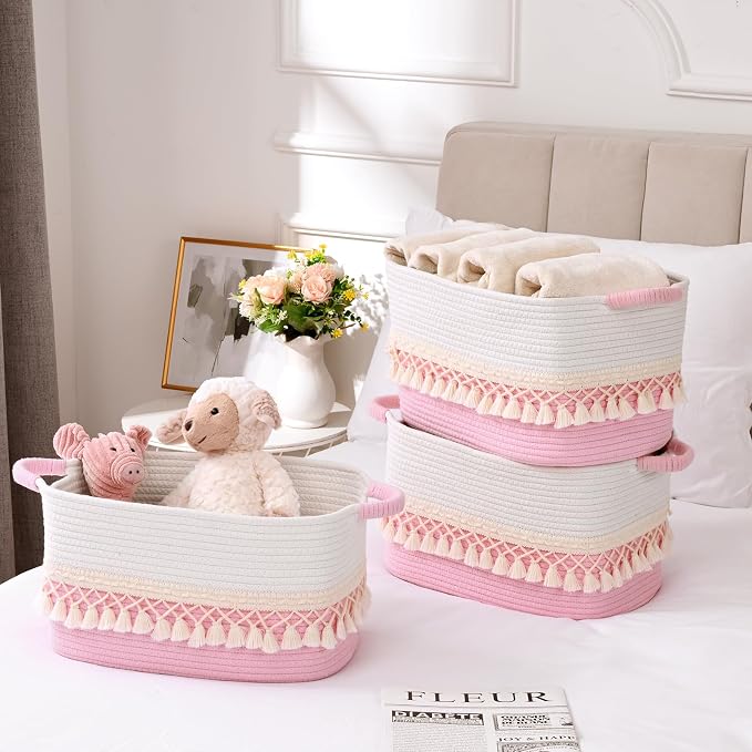 6 Pack Storage Basket for Shelves, Boho Cotton Rope Storage Bins with Heavy Tassel, Shelf Baskets Large Woven Baskets for Organizing, Cube Organizer Bins, Baby Laundry Basket for Clothes, Toys, Pets
