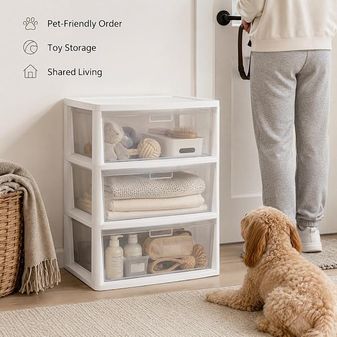 3 Drawer Plastic Storage Tower Wide Organizer for Closet Bedroom (White) | Stackable wide drawers for clothes, toys and crafts. Durable see-through plastic provides quick visibility.