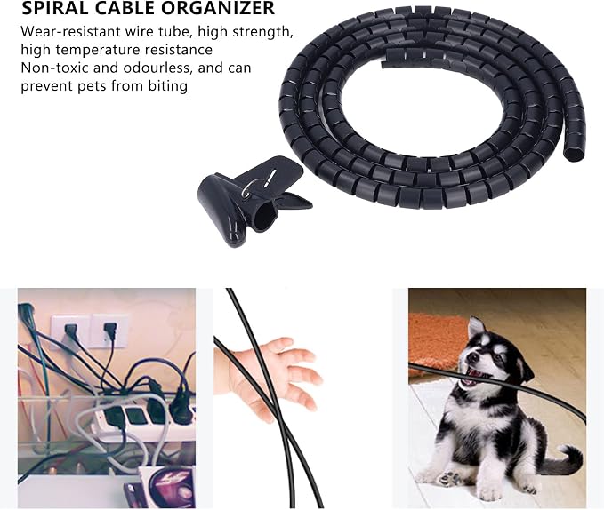 Spiral Cable Wrap Organizer 20mm | Cord Management for Home/Office/Pet Protection | Flexible Wire Tube Cuts to Length | Tidy TV/DVD/PC Cables (1.5m/4.9ft)
