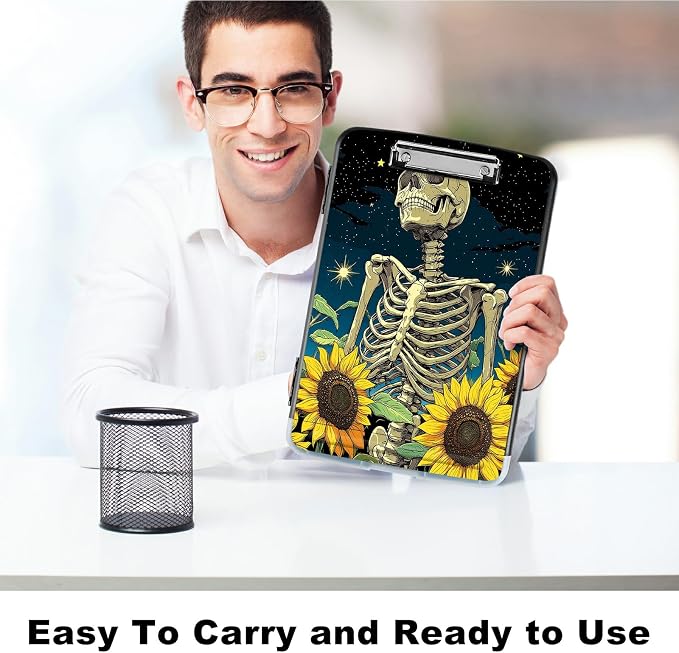 A4 Clipboard with Storage Pen Holder, Clipboards Organizer Nursing Clipboard Foldable File Folder Plastic Clipboard Folio Clip Board for Office Work Classroom Doctor, Dark Skull Sunflower