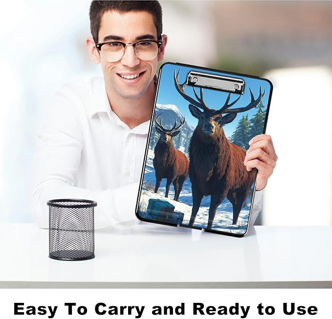 Heavy Duty Storage Clipboard, Slim Nursing Clipboard with Internal Pen Case, Portable File Organizer Case for A4 Letter Size Paper Office Medical Professionals, Snow Mountain Deer