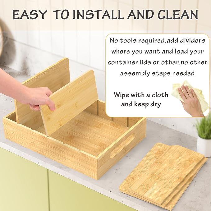 Retro Shaw Lid Organizer for Plastic Lids, with 5 Adjustable Dividers | Handmade, Bamboo, For Cabinet and Drawer, Kitchen Storage and Organization