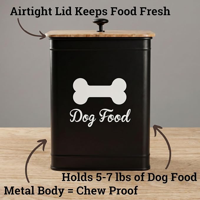 Metal Dog Food Container 5-7lb, 25 Cup w/ Airtight Bamboo Lid, Metal Handle | Pet Jar For Dogs up to 50lbs, Airtight Bamboo Lid, Sturdy Comfortable Metal Handle, Powder Coated Iron, Kibble Storage Bin