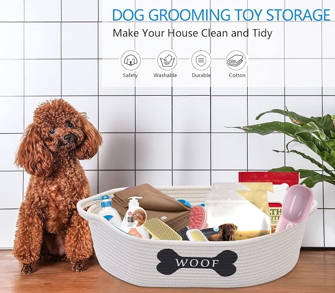 Morezi Dog toy baskets pet toy basket storage in small shallow stuff bin - Perfect for collect puppy toys, cat toy, grooming stuff, diapers, bed, for Bathroom, Playroom, Closet, Home - Beige