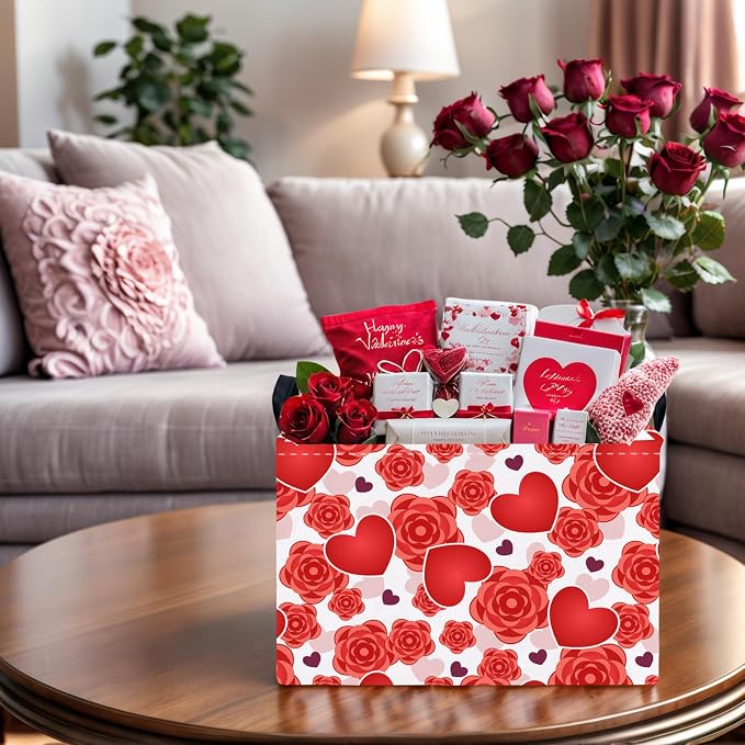 Valentine's Day Basket for Gifts Empty Cute Heart Large Gift Basket Decorative Storage Bin for Kid and Baby Room Décor (Red Love Rose)