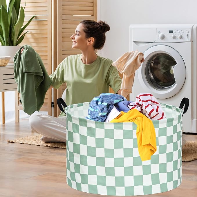 MAIZMZ Sage Checkered Storage Basket Extra Large 80L Kids Hamper Baby Laundry Basket Waterproof Toys Car Organizer Collapsible Canvas for Home/Dorm/Pet/Office/Closet/Shelf/Gift Baskets
