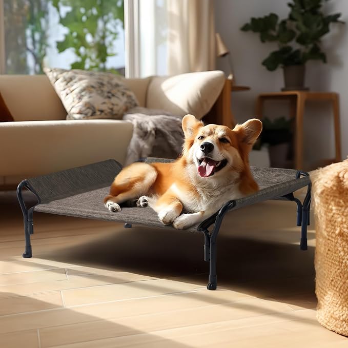 Veehoo Medium Elevated Dog Bed, Guardrail, Non-Slip, Chewproof, Washable & Breathable Teslin Mesh, Brown | Washable Dog Couch Bed for Indoor & Outdoor, Durable Breathable Teslin Mesh, Non-Slip Feet, Medium, 39.5" x 28", Brown
