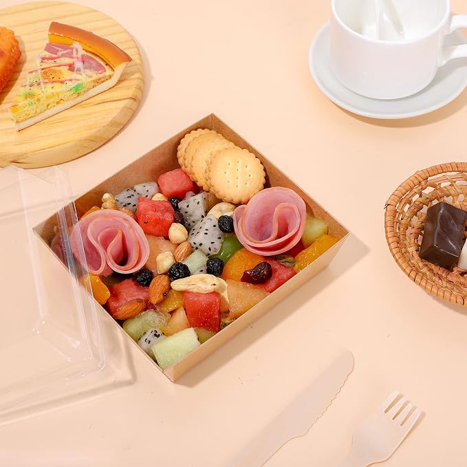 Whaline 50Pcs Small Charcuterie Boxes with Clear Lids Kraft Mini Dessert Boxes with Forks and Knives 5 Inch Square Disposable Food Containers for Sandwich Cookie Sushi Cake Slice Strawberries