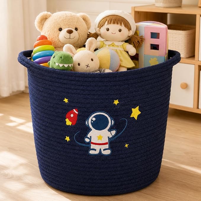 Laundry Basket Astronaut Space, 11"x13" Cotton Rope Woven Laundry Hamper, Cute Kids Storage Basket for Toy Storage Stuffed Animal Storage, Blanket Basket for Nursery Bedroom