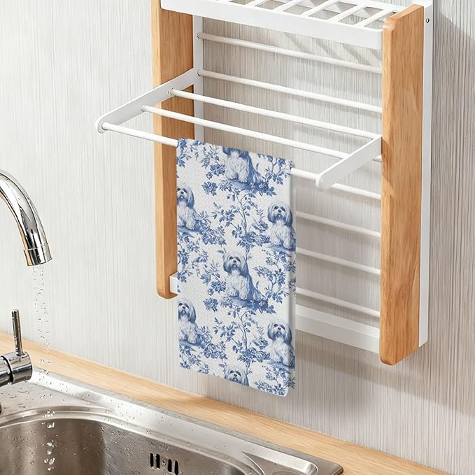 Havanese Kitchen Dish Towels,Blue and White Floral Dog Towel Dish Tea Towels, Chinoiserie Decor for Kitchen Bathroom,Havanese Gifts for Dog Lover Mom Dad,16x24 Inch