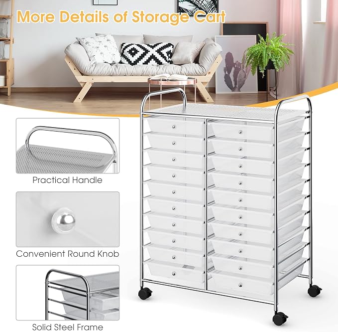 20 Drawer Rolling Storage Cart, Art Cart Organizer with Wheels for Makeup, Tool, Paper, Multipurpose Craft Storage Cart with Drawers for Office, Home, Classroom, Teacher, School (Clear)