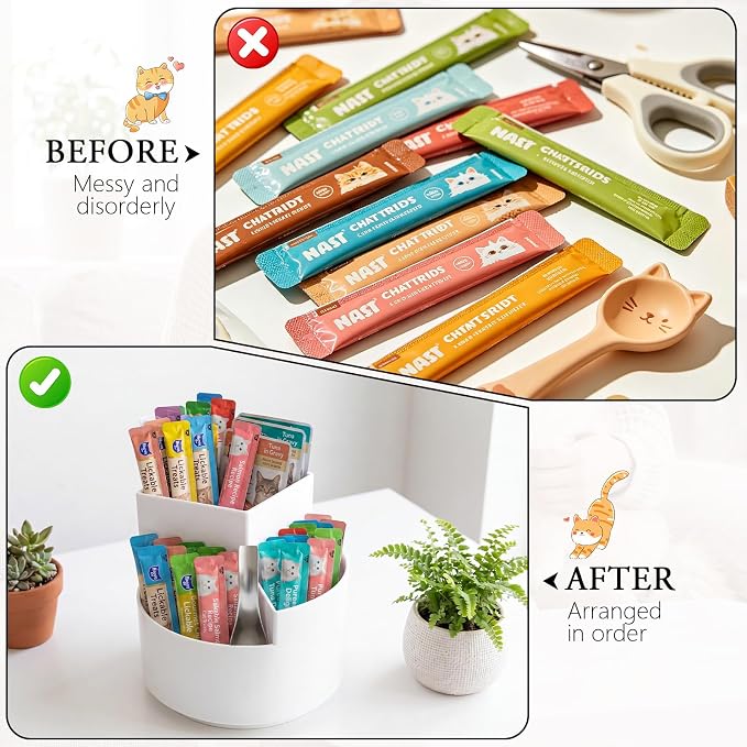 Lickable Cat Treat Organizer Lazy Susan Plastic Squeeze up Cat Food Storage Container with Spoon and 3 Compartments for Pantry Cabinet Kitchen Countertop Vanity, 4.3 x 4.7 Inch(White Layered)