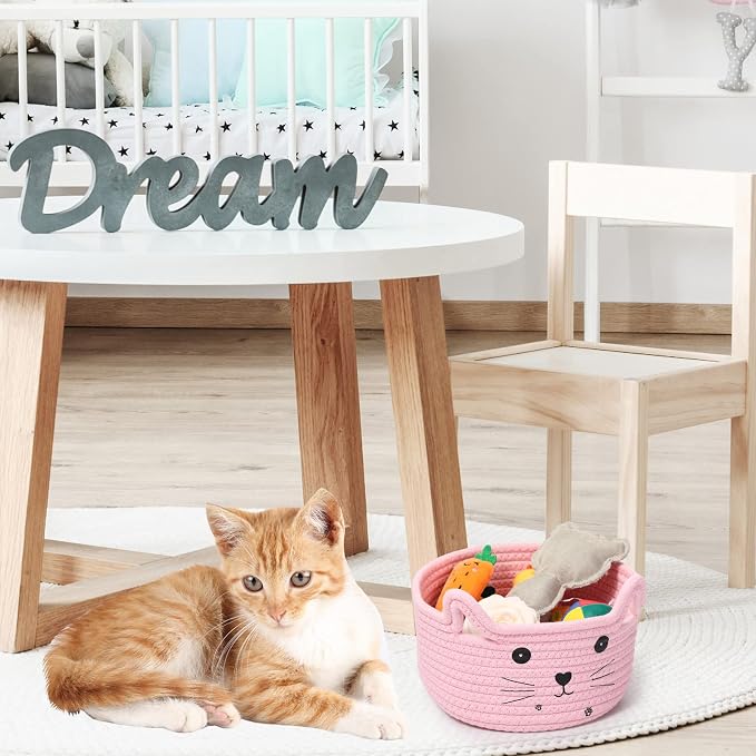 Zopeal Cat Storage Basket Woven Organizer with Ears Decorative Gift Cute Cotton Rope Pet Toy Basket for Gift Cat Dog Toy Bin Nursery Room(8.3 x 4.7 Inch,Pink)