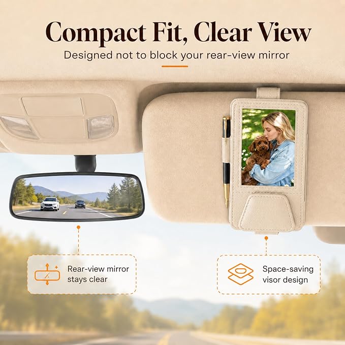 HOLDCY Car Visor Organizer with Registration Holder and Sunglasses Clip | Beige PU Faux Leather With Photo Window, Flip-Open Card Storage, Slim Profile And Tool-Free Setup; 1 Piece