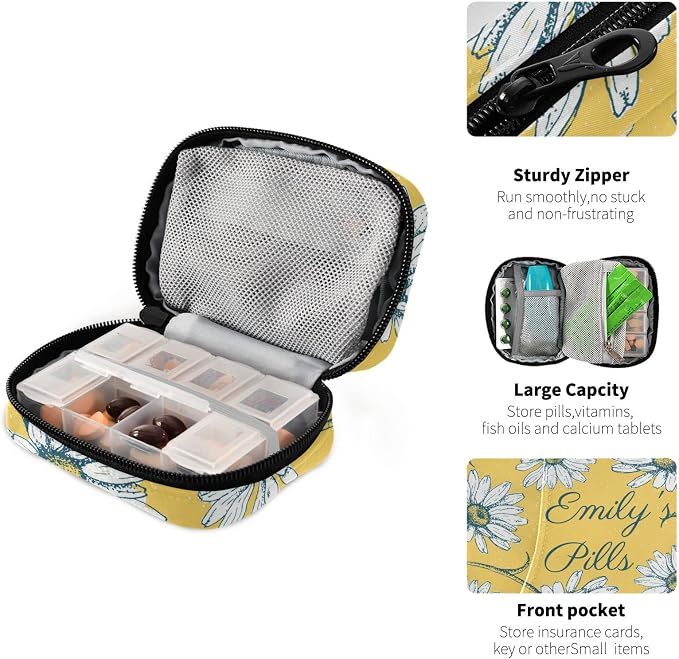 Custom Pill Box 7 Day Pill Case Bag Daisy Flowers Personalized Name Travel Pill Organizer Bag with Zipper Portable Weekly Case Compact Size for Vitamin Supplement Holder