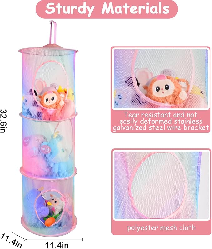 ChezMax Hanging Mesh Stuffed Animal Storage - 3 Tiers 2 Pack Large Stuffed Animal Net Organizer, Foldable Space Saver Bags Basket Organization Holder Room Bedroom Playroom Wardrobe Rainbow
