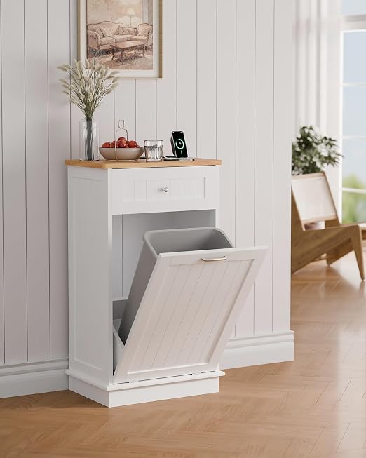 Betterhood Single Tilt Out Trash Cabinet with Power Outlet, Wooden Hidden Garbage Can Holder with a Big Storage Drawers for Kitchen, Living Room, Laundry, White