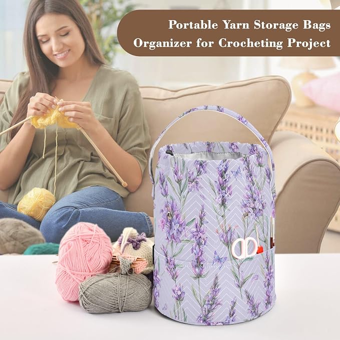 Fustylead Watercolor Vintage Lavender Flowers Knitting Crochet Bag, Portable Large Yarn Storage Drawstring Basket Organizer for Crocheting Hooks, Project, Store Skein Ball, Short Knitting Needle