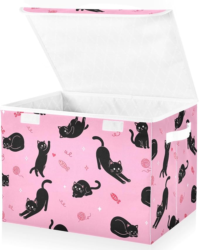 Cute Black Cat Storage Bin Foldable Collapsible Fabric with Lid Handles 40L | Decorative Storage Boxes, 300D Oxford Cloth, Hollow Board Frame, Flip Top Velcro Lid, 16.5x12.6x11.8 inch, Collapsible Design
