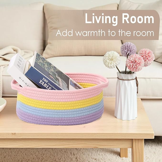 JMvicyroam Small Woven Basket, Empty Gift Basket, Rainbow/3 Pack | Small Gift Basket, Cotton Rope, 12 x 8 x 53 in, Handles, Includes Ribbon and Bag, Birthday Gift Basket