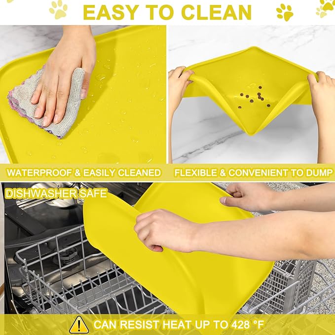 Smilool Silicone Pet Food Mat with Raised Edge for Food and Water Bowl, Dog Feeding Mats, Cat Food Trays for Floor Waterproof, Rubber Tray for Dogs and Cats, 19 x 12 x 0.7 Light Yellow