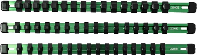 ARES 60045 3-Pc 1/4,3/8,1/2-In Green Socket Rail | Part No. 60045; 1/4-Inch, 3/8-Inch, and 1/2-Inch Drive Socket Organizers Hold 48 Sockets