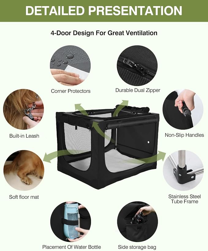 33 x 25 x 25 Inch Collapsible Soft Dog Crate for Dogs Up to 70 lbs, Portable Travel Pet Kennel with 4 Zip Doors, Foldable Indoor Outdoor Crate with Mat, Carry Bag, Black