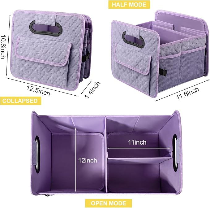 Car Trunk Organizer for SUV, Collapsible Car Storage Organizer Light Purple | Sturdy, Large Capacity, Diamond Decor, Multi Compartment Container Box Adjustable Car Accessories for Sedan Truck