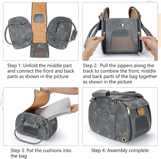 Dog Carrier Purse, Pet Bag Bling Waterproof Premium Leather Pet Travel Portable Bag for Cat and Small Dog Home & Outdoor Small Grey