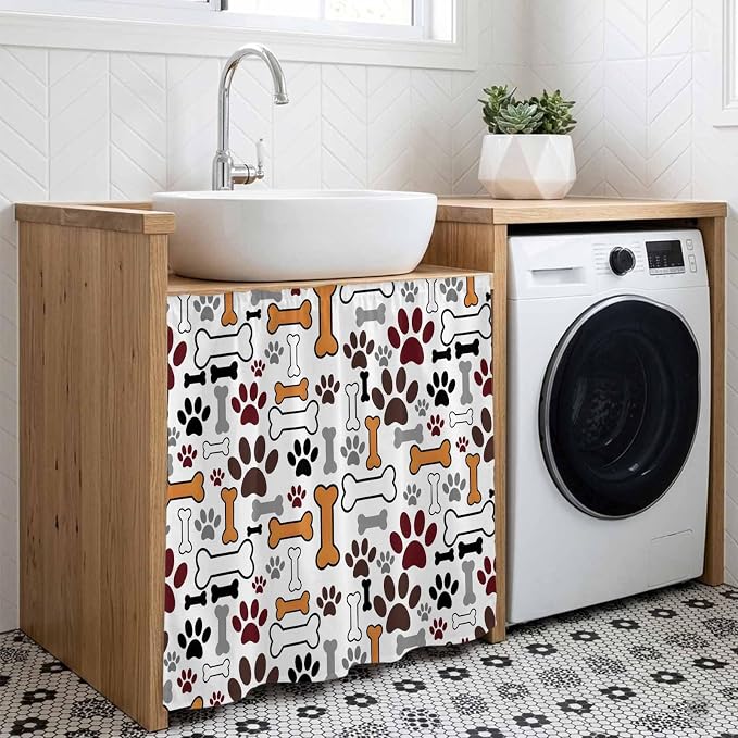 Dog Claws Cabinet Dishwasher Hidden Curtains, Privacy Closet Door Curtain, Pet Cat Cartoon Cute Animal Bone Pawprints Adhesive Dust Proof Under Sink Skirt for Bathroom Kitchen 35"x35"