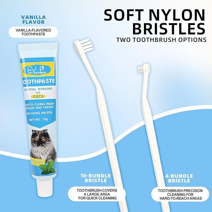 HOP Cat Toothbrush and Toothpaste Kit Vanilla Cat Toothpaste(70g) 2 Soft Nylon Bristles Micro-Head Cat Toothbrushes Kitten Tooth Brushing Kit Pet Dental Care Kit for Cats and Small Dogs Fresh Breath